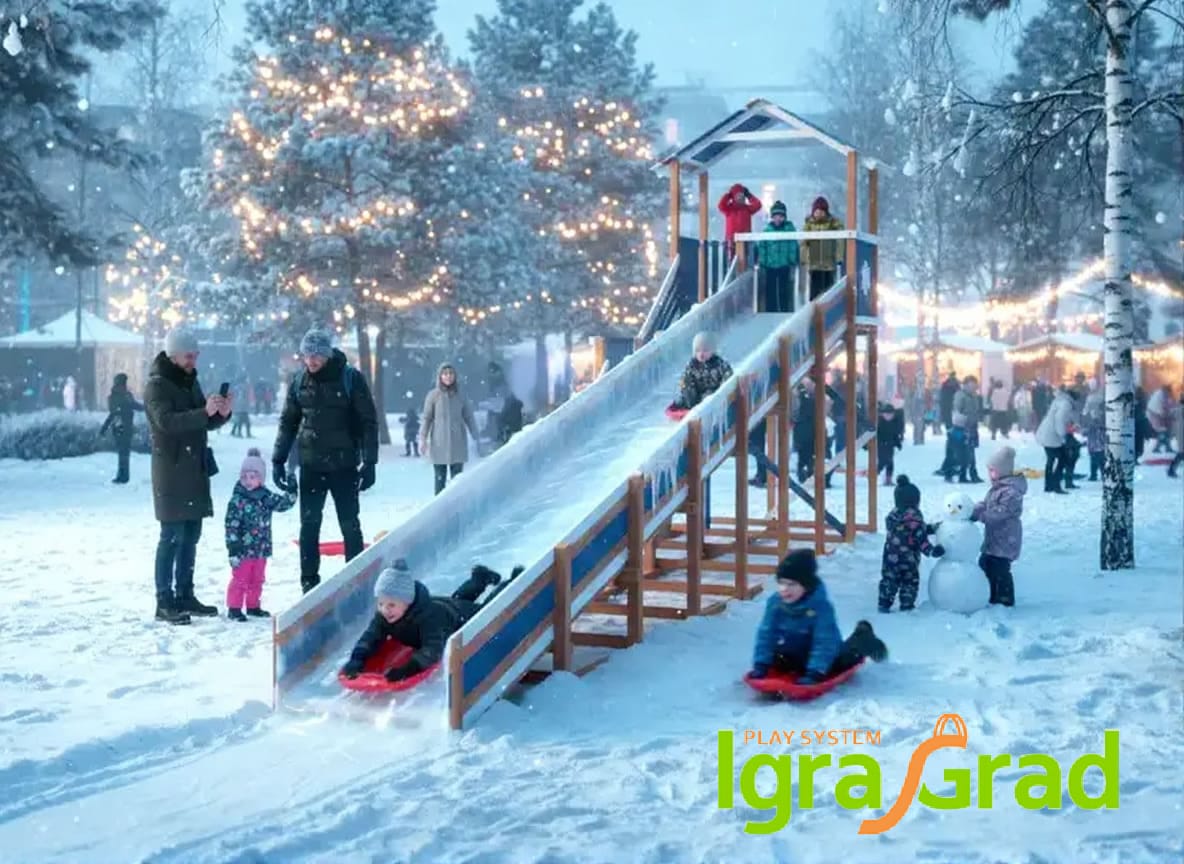 Зимняя горка "Snow Fox (Домик)", скат 10 м мод.2
