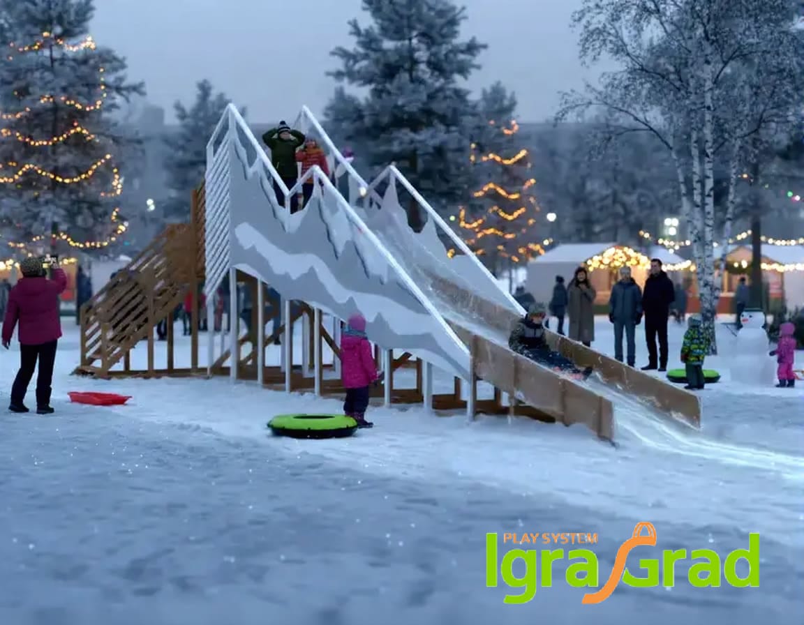 Зимняя деревянная горка "Snow Fox 12 м" с двумя скатами мод.5